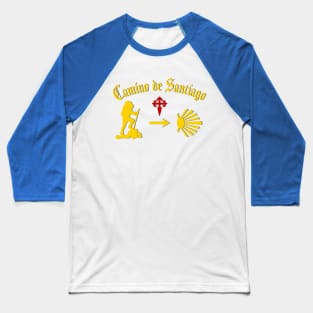 Camino de Santiago de Compostela male pilgrim with Yellow Arrow Scallop Shell Red Cross Baseball T-Shirt